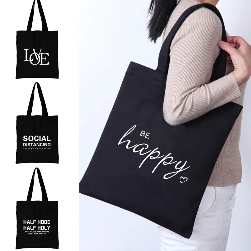 Tote Bag Canvas Print - Kawaii Karikatür Turuncu Kedi Baskı Siyah