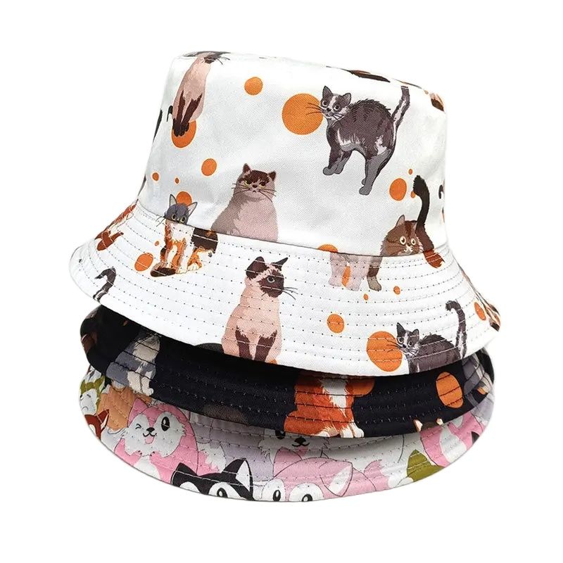 Bucket Hat Embroidered - 2024 dört mevsim Polyester karikatür kedi