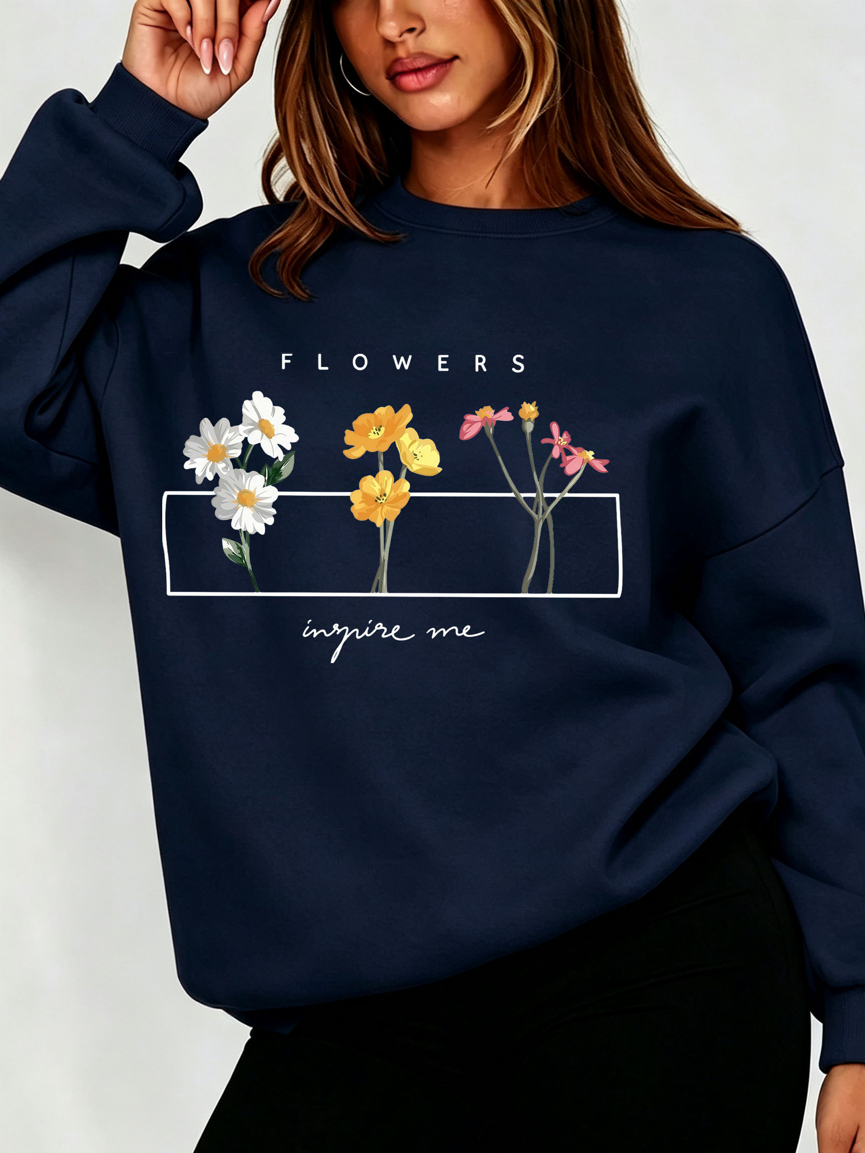 Oversized Crewneck Fleece - Kadın Papatya Çiçekli Kazak Minimal Kır