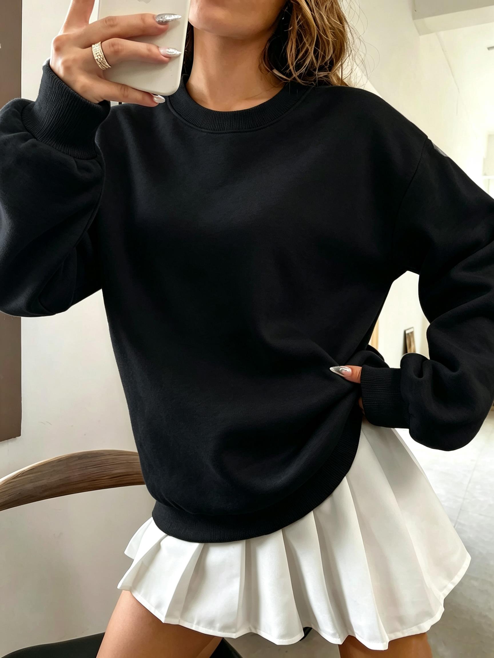 Oversized Crewneck Fleece - Kore Tarzı Büyük Beden Tek Renk